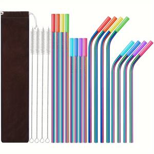 TEMU 304 스테인리스 스틸 37pcs 스트로 세트 (직선 & 구부러진 튜브, 식품용 실리콘 팁 포함) + 청소 브러시 및 보관 파우치 | 식기세척기 안전 내구성 음료 빨대
