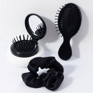 TEMU 3pcs 카툰 헤어 브러쉬 세트 - 대형 빗질용 빗, 휴대용 접이식 거울 빗, 패들 마사지 브러쉬 및 모든 헤어스타일용 액세서리 포함 - 완벽한 선물 또는 여행 필수품