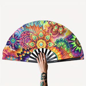 TEMU 대형 야광 환각 접이식 부채 - UV 활성화 발광 만다라 프린트 - 레이브, 콘서트, 글로스틱 호환 이벤트용 UV 반응 파티 액세서리 - 휴대용 댄스 부채