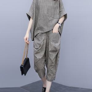 여성 세트업 투피스 루즈핏 가오리 반팔 배기바지 세트 체형커버 뱃살커버 데일리 맘룩 등원룩 마실룩 꾸안꾸 여름 시원한 줄무늬 바지