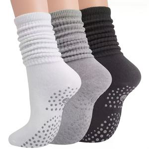 여성용 미끄럼 방지 실리콘 밑창 요가 양말 3/6켤레 - 종아리 높이, , 헬스장, 피트니스, 에어로빅에 적합, 안정성 훈련용 기계 세탁 가능 밑창, 스튜디오용 운동 양말 선물 (단색)