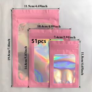51개 두꺼운 레이저 자동 밀봉 봉투, 휴일 파티 선물 포장용 봉투, 핑크색 재사용 가능한 지퍼 밀봉백, 투명 창 휴대용 수납백, 네일 아트 도구 수납백, 주얼리 및 화장품 산화 방지 보관백