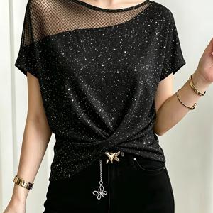 TEMU 여성용 패셔너블하고 우아한 할로우아웃 패치워크 탑 티셔츠