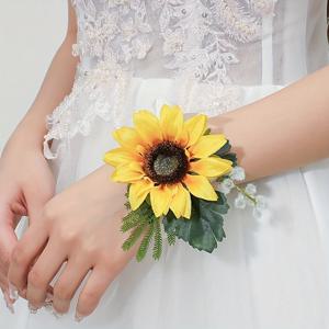 TEMU 노란색 해바라기와 인공 녹색 식물이 있는 손목 장식, 결혼식 및 파티에 적합한 아름다운 디자인