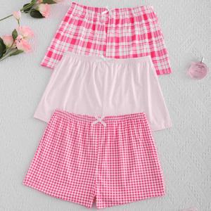 3pcs 여성용 체크무늬 루즈웨어 세트 - 편안한 올 시즌 폴리에스터 짧은 잠옷 바지, 보우 디테일, 니트 원단, 신축성 있는 허리, 캐주얼 홈 반바지 - 핑크색과 흰색 패턴이 있는 파자마 바닥