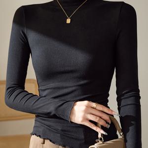 TEMU 여성용 블랙 러플 하프 터틀넥 베이스 레이어, 가을/겨울 골지 긴소매 안감 티셔츠 탑