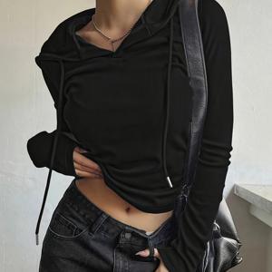 TEMU 우아한 여성용 단색 긴팔 후드 티셔츠 (드로스트링 포함), 원단, 레귤러 길이, 가을 시즌
