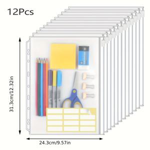 TEMU 12개입 A4 바인더 포켓 9링 바인더 지퍼 파우치 11홀 투명 PVC 루즈 리프 백 문서 폴더, 비즈니스 사무실 학교 용품 컬렉션 앨범용