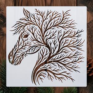 TEMU 1 동물 스텐실, 나무와 말 패턴, 재사용 가능한 30.48 X 30.48 Cm 내구성 PET 소재, 벽, 캔버스, 종이, 가구 장식을 위한 구부릴 수 있고 세척 가능한 페인팅 템플릿