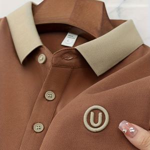 라이트 럭셔리 자수 남성용 반팔 폴로 셔츠, 여름 컬러 블록 라펠 단색 티셔츠, 통기성 좋은 루즈핏 상의, 남성용 캐주얼 편안한 데일리웨어