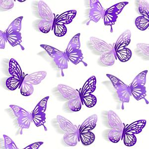 36개 보라색 나비 벽 스티커 | 2가지 스타일, 3가지 사이즈, 제거 가능한 자가 접착식 장식 스티커, 생일, 결혼식, 교실, 파티, 방 및 캐비닛 장식을 위한 반짝이는 동물 프린트 - 간편한 부착, 반짝이는 디테일