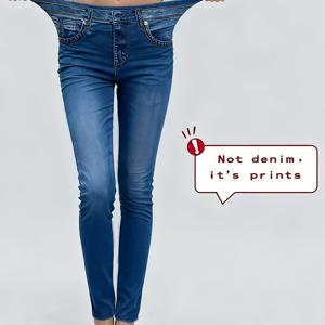 TEMU [프린트 레깅스 - 데님 원단 아님] 유럽 및 미국 인기 패션 여성용 데님 프린트 레깅스, 다용도, 피트니스, 탄성, 타이트한 바지