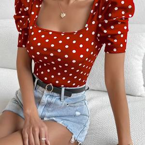 TEMU 우아하고 정교하며 패셔너블한 폴카 도트 프린트 스퀘어넥 퍼프 슬리브 탑, 신축성 있는 슬림하고 몸매를 돋보이게 하는 실루엣, 일상 출퇴근, 데이트 파티, 애프터눈 티, 캐주얼 외출에 적합