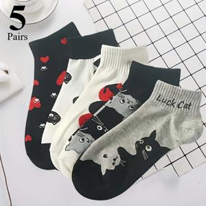 TEMU 남녀공용 봄/여름 만화 귀여운 고양이 숏 노쇼우 양말 5켤레, 편안하고 통기성 좋음, 데일리웨어로 활용 가능, 다양한 색상 제공, 패셔너블한 캐주얼 스타일 필수템