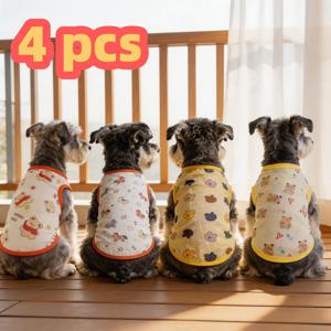 TEMU 4pcs 여름 강아지 옷, 4pcs 귀여운 스타일 프린트 통기성 애완 동물 의류, 가벼운 메시 원단 재질, 여름철 속이기 없음, 소형견 및 고양이 야외복 조끼에 적합, 4pcs 고양이 및 강아지 범용 티셔츠, 털 빠짐 방지