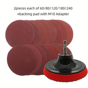TEMU 12개입 4인치 샌딩 디스크 레드 사포 100mm, 후크 앤 루프 사포 60-240방, 백킹 패드 M10 드릴 어댑터, 목재 금속 자동차 연마용