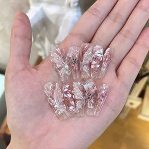TEMU 30개입 프레스온 네일 세트, 투명 나비 엠보싱 디자인, 여성을 위한 달콤하고 스타일리시한 인조손톱, 데일리 캐주얼웨어, 직장, 파티, 데이트, 휴일 기념행사에 적합, 재사용 가능, 젤리 글루 및 네일 파일 포함