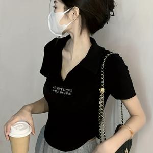 TEMU 여성용 여름 Y2K 핏 클래식 프린트 폴로 칼라 반팔 티셔츠, V넥 크롭 다용도 탑