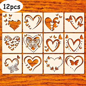 TEMU 하트와 나비 핸드 페인팅 스텐실 12개, 재사용 가능한 DIY 드로잉 टेม플릿, 천, 종이, 벽, 나무 및 기타 표면에 적합. 벽 예술, 간판, 종이 카드와 같은 휴일, 결혼식, 파티 장식에 이상적. 초보 예술가 및 전문 예술가 모두를 위한 완벽한 도구
