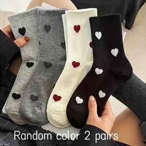 TEMU 여성용 하트 패턴 양말 2/4켤레 랜덤, 가을 겨울용 패셔너블하고 통기성 좋은 프레피 중목 양말