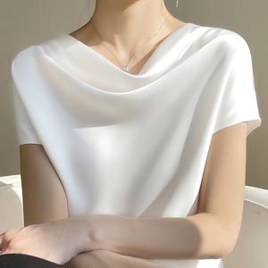 TEMU 우아한 여성용 상의, 여름 패션 프rang 셔츠, 플라운스 칼라, 드레이프드 레이어드 칼라, 새틴 반팔, 유럽 및 미국 스타일, 피부 친화적, 사무실 출퇴근, 캐주얼웨어, 휴가용