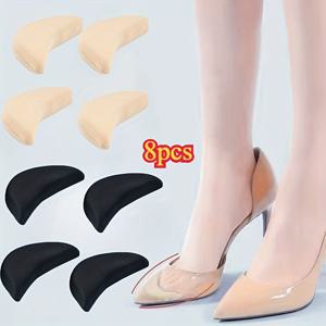 TEMU 미끄럼 및 마찰 방지용 메모리폼 깔창 8개 세트, 꼭 맞는 핏을 보장하며 발가락 보호와 발뒤꿈치 지지를 제공합니다. 베이지와 블랙 색상으로 제공되며, 장시간 착용과 하이힐에 이상적입니다