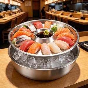 TEMU 스테인리스 스틸 스시 서빙 플래터 (아이스 베이스 & 중앙 간장 홀더 포함), 원형 일본 사시미 냉면 접시, 식품 등급 해산물 트레이 (스시 바용), 상업용, 가정용 스시 만들기, 엔터테인먼트