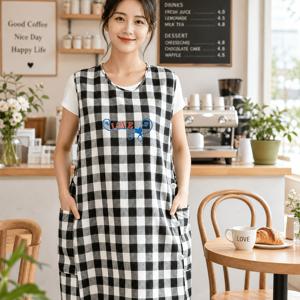 TEMU 사이드 오픈 버클 기능의 신축성 있는 기장 민소매 앞치마, 여유로운 핏의 대용량 수납 주머니, 모든 체형에 적합. 가정 요리 및 청소용 다용도 자수 하트 디자인