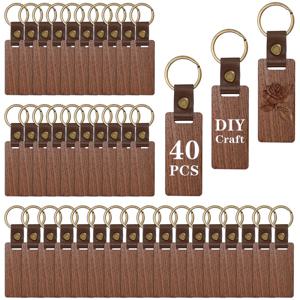 TEMU 40개 나무 열쇠고리 블랭크, 직사각형 각인 블랭크 열쇠고리, 가죽 스트랩 키링 포함, DIY 공예 선물 액세서리용 빈 열쇠고리 태그|키링부자재