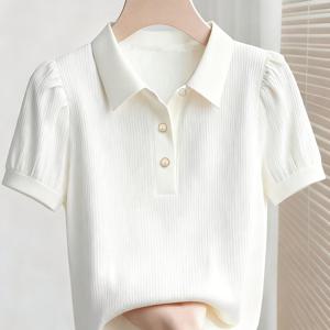 플러스 사이즈 라이트 럭셔리 진주 단추 폴로 셔츠 - 반팔 칼라 상의, 단색 신축성 있는 기본형 앞단추 셔츠, 출퇴근, 사무실 & 세미 정장용, 기계 세탁 가능 봄/가을 옷장 필수품
