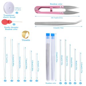 TEMU 비즈 바늘 도구 세트, 시드 비즈 바늘, 긴 직선 비즈 실, 바늘 실꿰기 포함 큰 눈 비즈 바늘, 탄성 스트링, 스터, 가위 및 주얼리 제작을 위한 기타 비즈 도구