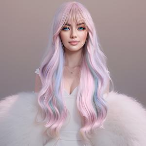 TEMU 앞머리 있는 혼합 색상 가발 여성용 멀티컬러 가발 내열성 인조 가발 일상용 코스프레용 (26인치)