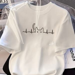 TEMU 여성용 ECG 심전도 고양이 & 새끼 고양이 ECG 프린트 티셔츠 - 귀여운 심장 모니터 라인 디자인, 반팔 라운드넥 캐주얼 탑, 신축성 폴리에스터/엘라스테인, 봄 여름 가을 애완동물 애호가 의류 (화이트)