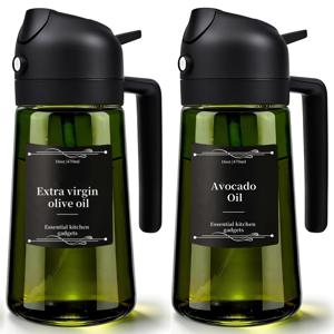 TEMU 2개 세트 주방용 유리 올리브 오일 디스펜서 병, 2-in-1 오일 병 및 요리용 스프레이어, 16oz 다크 그린 유리 오일 병, 요리용 오일 스프레이어, 주방용 오일 디스펜서, 스티커 6개 포함, BBQ, RV, 샐러드용 완벽한 요리 도구