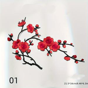 TEMU 1개 자두꽃 핫 엠보싱 백킹 - 레드, 화이트 & 블랙 컬러의 우아한 플로럴 패치, 의류·청삼·가방·홈데코용 전통 중국식 원단 앱리케 - DIY 공예, 재봉 선물, 의상 장식, 수공예 프로젝트 용품, 고품질 자수, 손으로 만든 디테일, 패션 디자인가를 위한 내구성 있는 패브릭 데칼