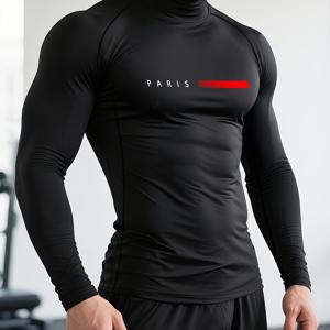 TEMU 남성용 고성능 압박 긴팔 - 파리 디자인 체력단련실 셔츠, 바디빌딩 및 크로스핏, 헬스, 스트리트웨어 및 트레이닝용 (1개입)