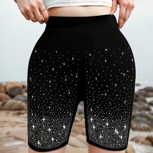 TEMU 여성용 라인스톤 카프리 레깅스 - 하이웨이스트 복부 보정 숏팬츠, 레이어링 및 캐주얼 의상을 위한 스파클 디자인의 신축성 있는 보정 숏팬츠