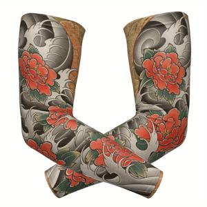 트렌디한 소매 한 쌍. 회색과 빨간색 모란의 3D 프린트 디자인과 전통 일본 스타일의 금색 베이스가 특징입니다.
