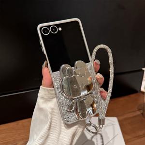 TEMU 휴대폰 케이스 - 은색 쉘 은빛 반짝이는 토끼 스탠드 손잡이 휴대폰 케이스 (Apple iPhone Galaxy Z Flip 7 6 5 호환)