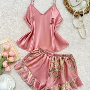 TEMU 청소년용 여름 패션 캐주얼 프린트 캐미솔 반바지 파자마 세트, 2pcs