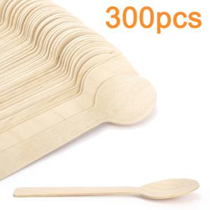 300개 4인치 미니 일회용 나무 숟가락, 자작나무 재질, , 디저트, 시식용, 파티 용품, 모임, 휴일 기념, 크리스마스, 할로윈, 추수감사절에 적합