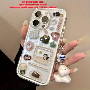 TEMU DIY 귀여운 고양이 만화 일러스트 스티커 투명 폰 케이스 아이폰 16 프로맥스 15 14 13 12 11 프로 맥스 러블리 펜던트 클리어 충격방지 커버