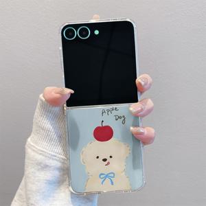 TEMU 휴대폰 케이스 - 빨간 사과를 잡고 있는 만화 흰색 강아지 F126 풀 랩 투명 충격 방지 폰 케이스, 삼성 갤럭시 Z 플립 7, 삼성 갤럭시 Z 플립 7FE, 삼성 갤럭시 Z 플립 7SE에 적합, TPU 접이식 폰 케이스, 슬림하고 가벼움