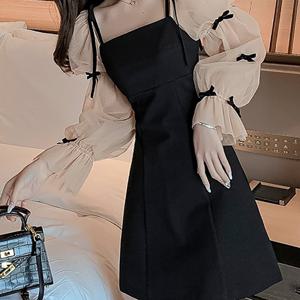 TEMU 여성 봄여름 데일리 망사 긴팔 원피스 슬림핏 리본 장식 하이웨스트 A라인 스커트 캐주얼 망사 리본 퍼프 소매 긴팔 블랙 미디원피스 오프숄더 끈 나시 스커트