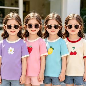 TEMU 여아용 (소형) 4pcs 재미있는 과일/플로럴 프린트 반팔 세트, 생생한 색상과 변색되지 않는 대비되는 칼라 및 커프스, 부드럽고 통기성 좋은 원단, 여름 캐주얼 웨어 및 야외 활동에 적합