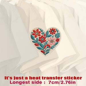 TEMU 크림색 패브릭에 레드, 핑크, 틸 색상의 하트 모양 꽃무늬 패치, 디테일한 꽃 장식 열전사 스티커, 옷, 모자, 캔버스 가방, 쿠션, 가죽, 침대 시트, 카펫과 같은 평평한 패브릭에 적합