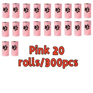 핑크색 강화 내구성 강아지 배변봉투 20롤/300개 - 누수 방지 및 냄새 제어, 귀여운 발바닥 프린트가 있는 휴대용 배설물 봉투, 쉽게 찢어지고 청소하기 쉬운 누수 방지 반려동물 배변봉투