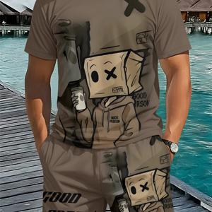 TEMU 남성용 3D 디지털 프린팅 크루넥 반팔과 반바지 세트 - 사이버 스타일 포 맨 프린트 2피스 세트 - 트렌디하고 스타일리시한 의상 - 패셔너블한 남성을 위한 필수템
