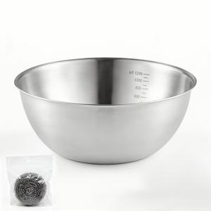TEMU 스테인리스 스틸 샐러드 볼 2개 세트, 1200ml 샐러드 볼 1개 및 16g 스틸 와이어볼 1개 포함, 계량 눈금이 있는 가정용 조리 그릇, 반죽 믹싱볼, 한식 계란 푼기 믹싱 및 베이킹 볼, 간편한 세척을 위한 조합 세트