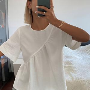 TEMU 여성용 캐주얼 단색 텍스처 탑, 비대칭 러플 디자인, 반소매, 라운드 넥, 루즈한 인형 스타일 핏